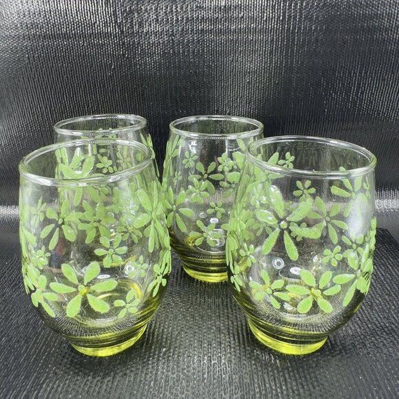 Libbey Green Lowball Glasses With Embossed Floral Design Cups Set 4 Cups 3.5inch - Picture 1 of 10